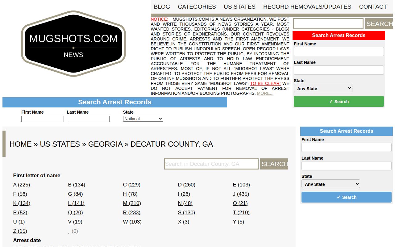 Unofficial Mugshots.com Decatur County archive with historical crime-record entries