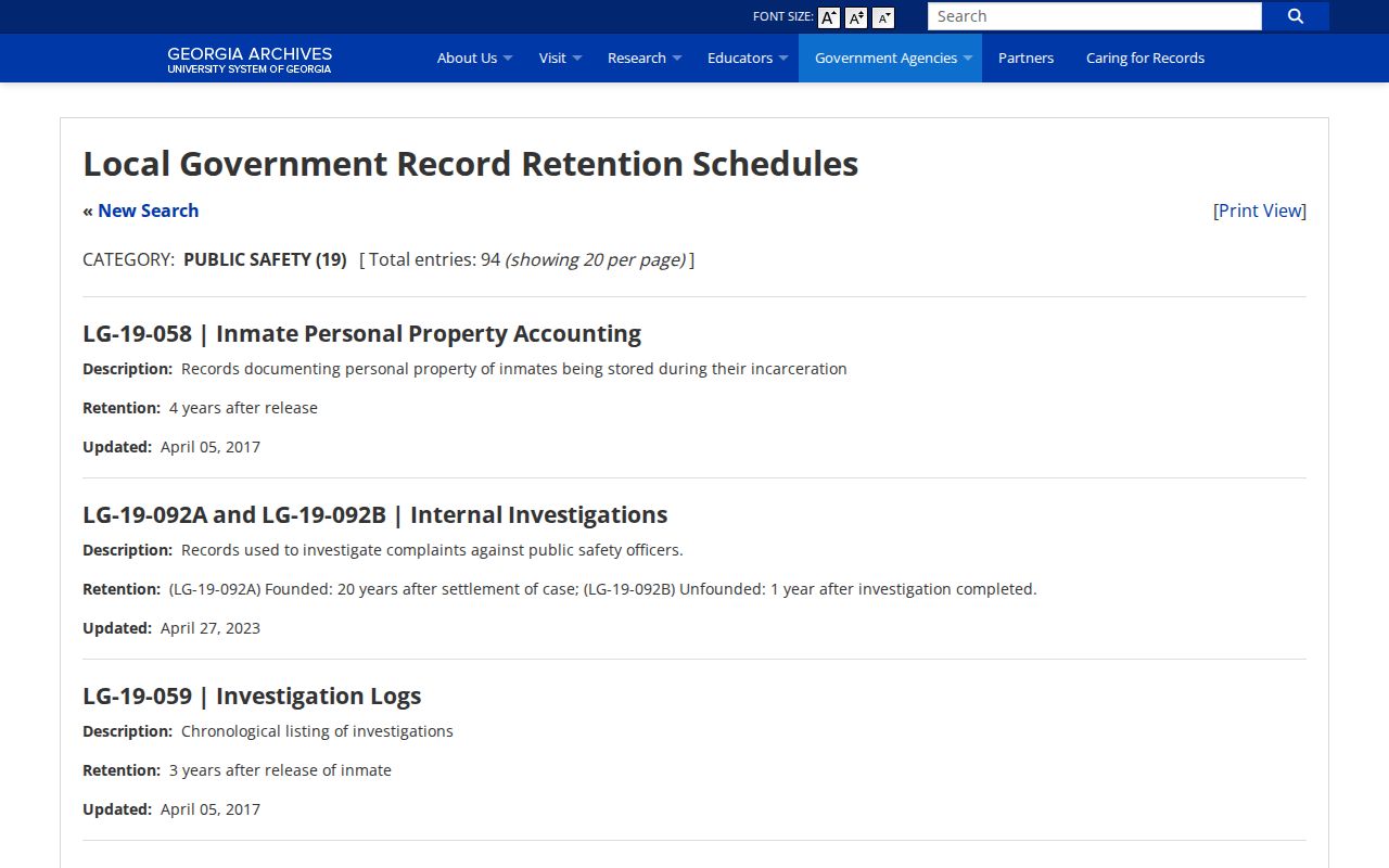 Georgia Archives Decatur County jail booking records retention schedule