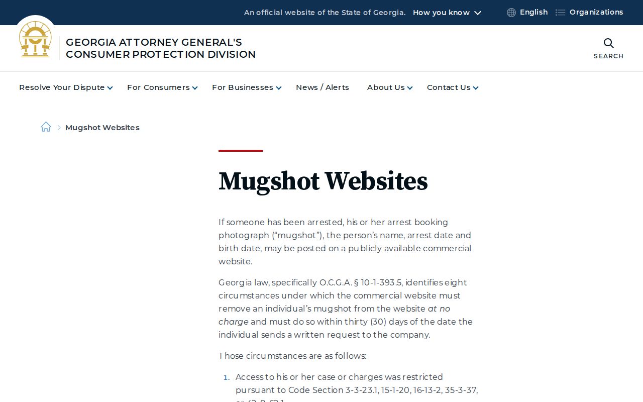Decatur County, Georgia Attorney General guidance on mugshot website law